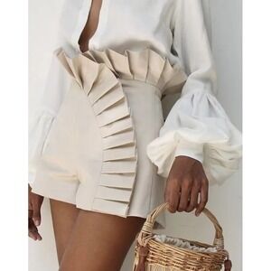 Commense Beige High Waist Pleated Ruffle Architectural Shorts NWT Resortwear